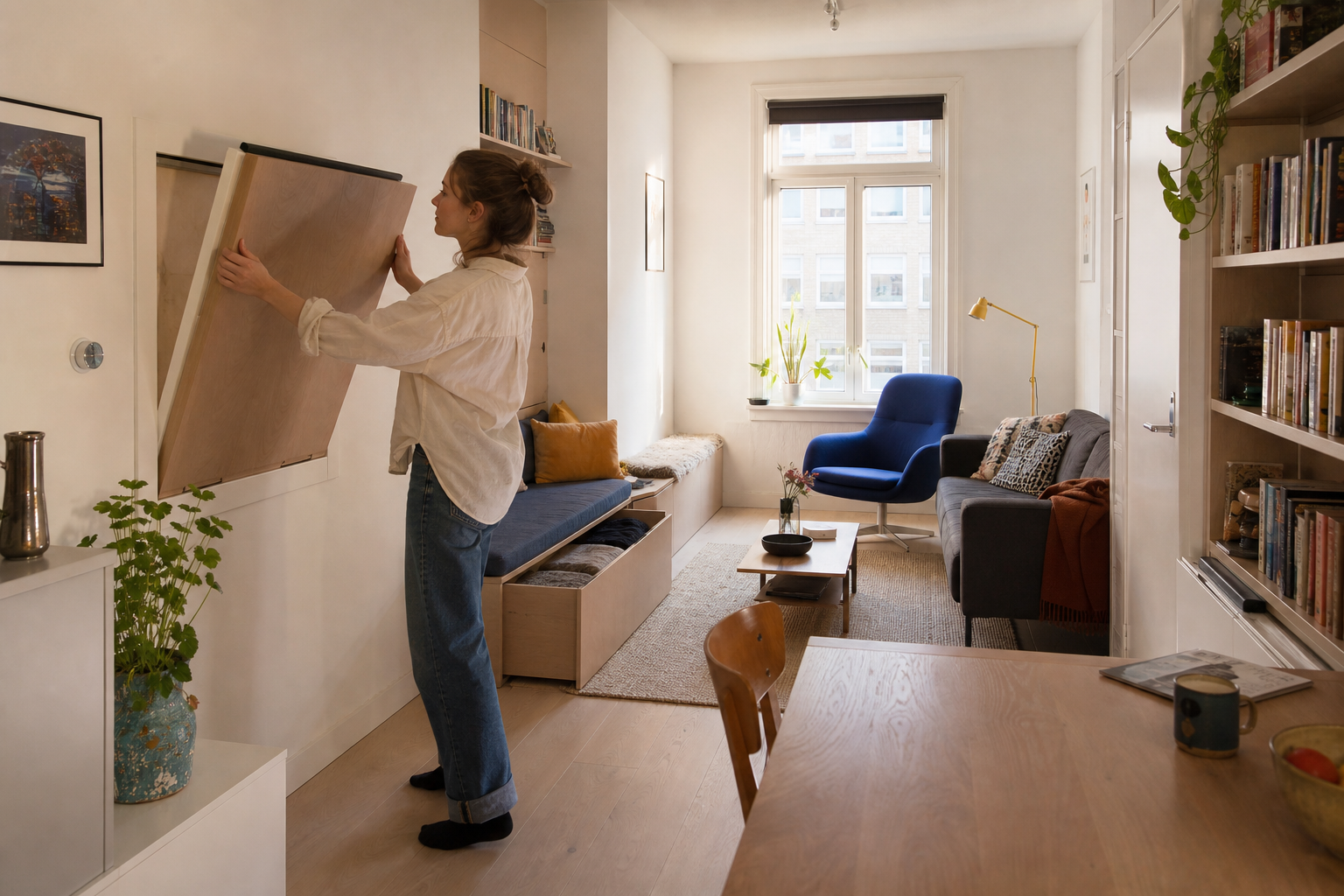 Bewoner klapt een wandbureau dicht in een compact appartement met opbergbank en leesstoel