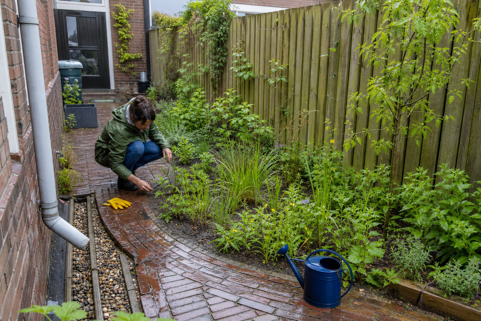 Bewoner verzorgt een groene regentuin naast een waterdoorlatend pad en afgekoppelde regenpijp