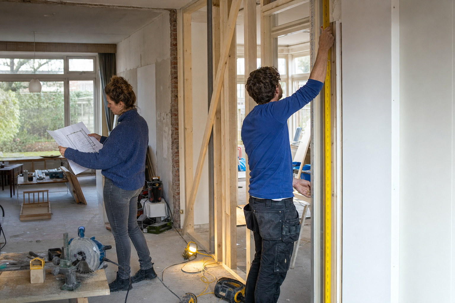 Bewoner bekijkt een bouwtekening terwijl een timmerman een houten binnenwand opmeet