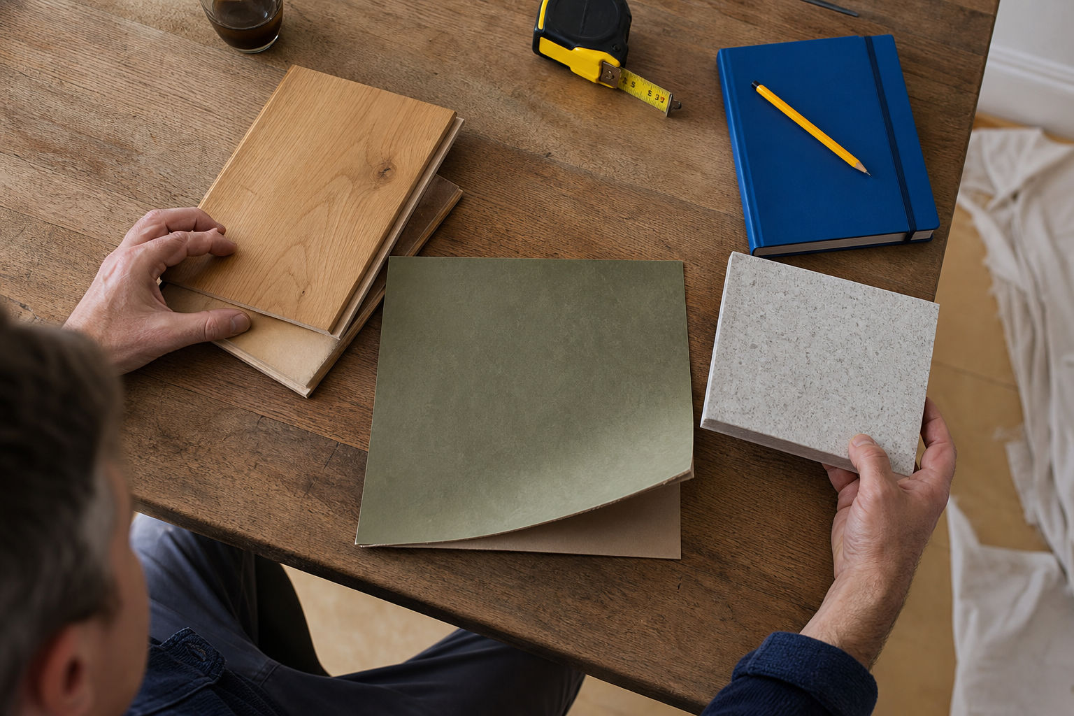 Bewoner vergelijkt stalen van hout, linoleum en keramische tegels op een tafel
